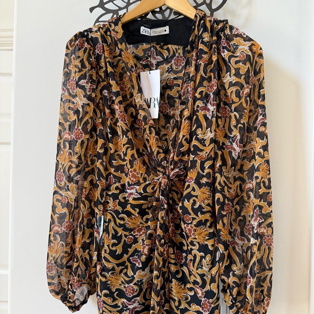 Zara Women Print Dress Knot Black Tan 8117/029 Size M NWT - Picture 8 of 16